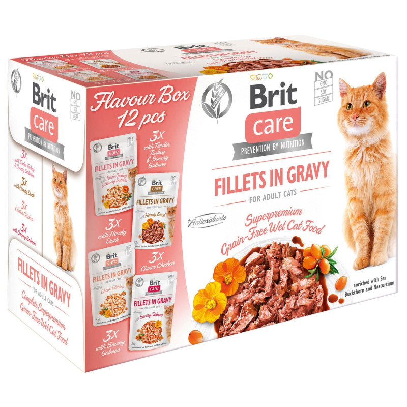 Brit Care Cat Fillets in Salsa Pacco misto 12 x 85 g Umido per gatti - Mix: Tacchino & Salmone, Pollo, Anatra, Salmone img 0