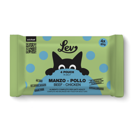 LEV Cibo Umido Completo per Gatti Flowpack 4 Bustine 85 g – 4 Gusti