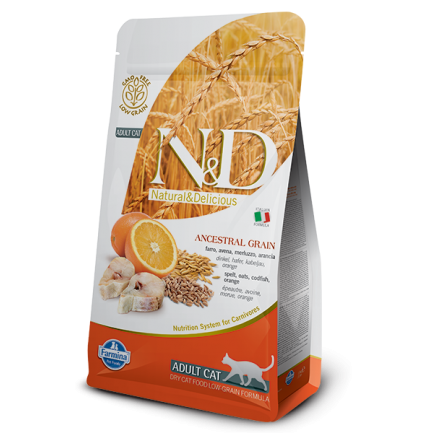 Farmina N&D Low-Grain Adult Cat con Merluzzo e Arancia per Gatti Farmina N&D Low-Grain Adult Cat con Merluzzo e Arancia per Gatti