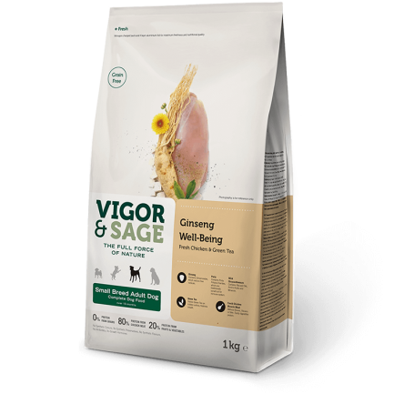 Vigor & Sage Ginseng Well-Being Adult Small con Pollo e Te Verde Vigor & Sage Ginseng Well-Being Adult Small con Pollo e Te Verde