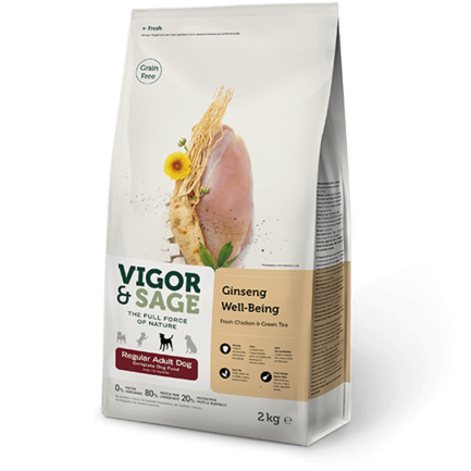 Vigor & Sage Ginseng Well-Being Regular Adult Dog con Pollo e Te Verde Vigor & Sage Ginseng Well-Being Regular Adult Dog con Pollo e Te Verde